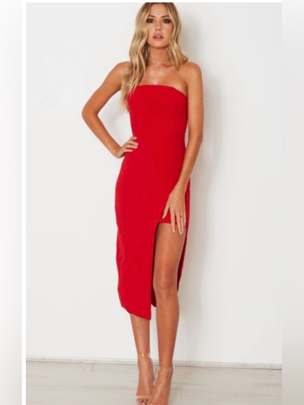 White Fox Boutique Strapless Red Side-Slit Midi Dress
